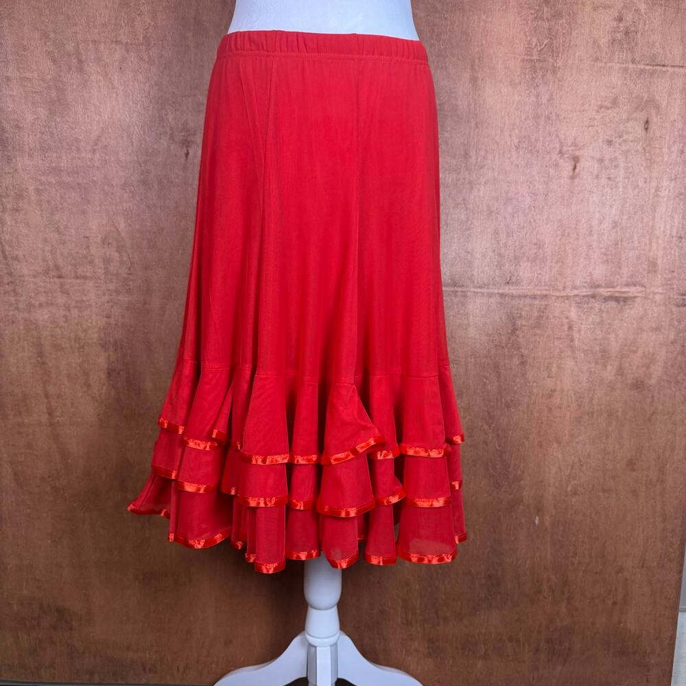 Red ruffle skirt midi swing dance skirt one size (XS small to medium)